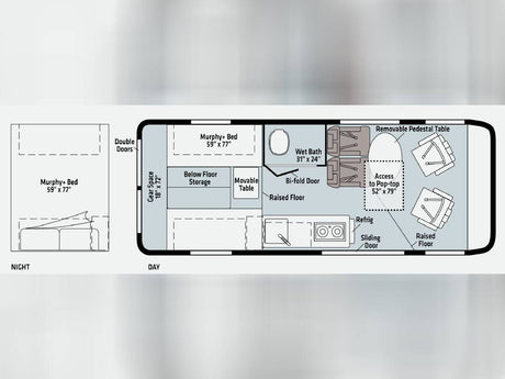 This RV rental camper van floor plan shows day/night layouts with a Murphy bed, wet bath, and convertible dining space.