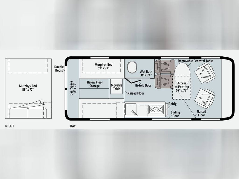 with a person nearby and fall leaves covering the ground under a cloudy sky.|This RV rental camper van floor plan shows day/night layouts with a Murphy bed — photo 6