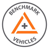Benchmark Vehicles logo for RV rental. Features a grey circle, orange triangle with a plus sign, and company text.