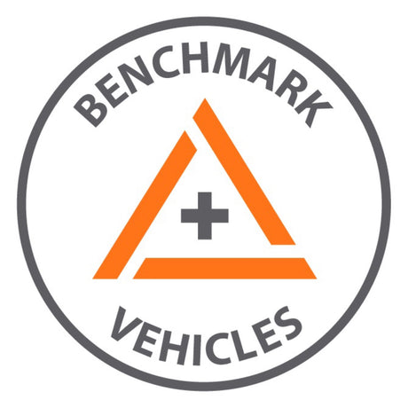 Benchmark Vehicles logo for RV rental. Features a grey circle, orange triangle with a plus sign, and company text.