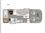 This 20K RV rental floor plan features a wet bath, kitchen, expanding sofa bed (74"x59"), and front swivel chairs.
