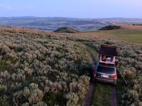 An SUV with a rooftop tent, a great RV rental option, parked on a dirt trail amidst sagebrush, offers serene camping at twilight.