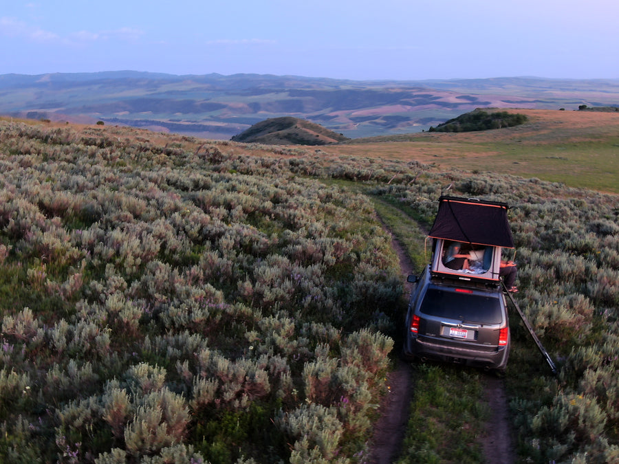 An SUV with a rooftop tent, a great RV rental option, parked on a dirt trail amidst sagebrush, offers serene camping at twilight.