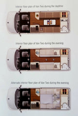 Discover this RV rental van's versatile interior floor plans: daytime seating, evening twin beds, or a large double bed layout.
