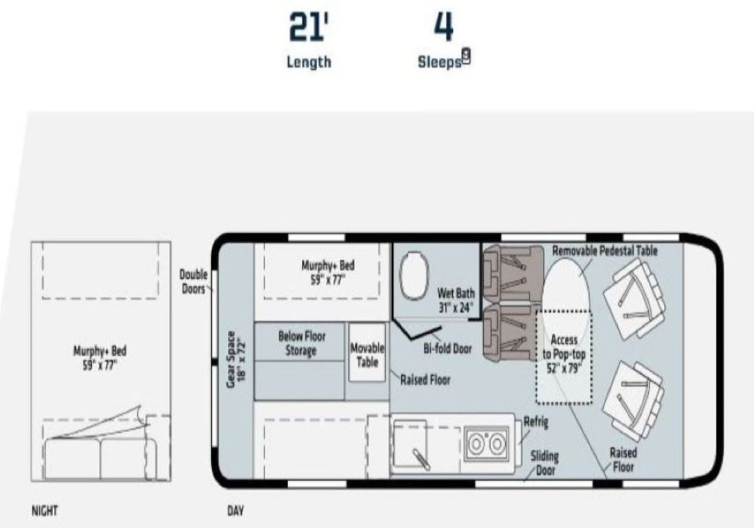 RV rental floor plan: 21' long, sleeps 4, showing convertible day/night layouts with bed, bath, kitchen, and dining.
