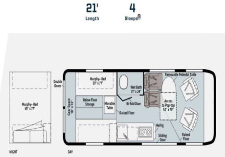 RV rental floor plan: 21' long, sleeps 4, showing convertible day/night layouts with bed, bath, kitchen, and dining.