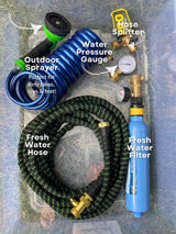 Essential RV rental water kit: fresh water hose, filter, sprayer, gauge & splitter for clean campsite hookups.