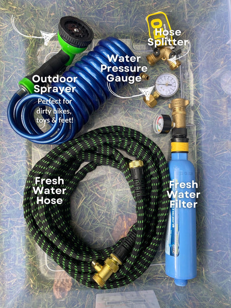 Essential RV rental water kit: fresh water hose, filter, sprayer, gauge & splitter for clean campsite hookups.