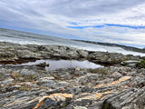 Low-angle view of rugged rocks surrounding a still pool, ocean waves beyond, and distant coastal homes. Plan your trip with an RV rental.