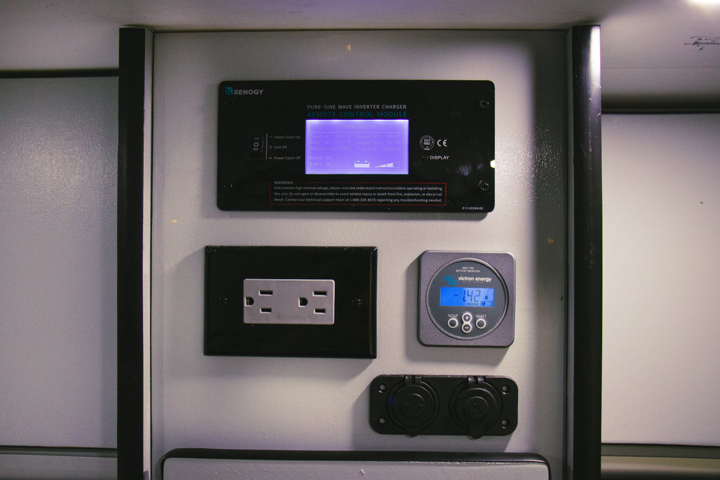 RV rental power management system: Renogy inverter module, Victron battery monitor, AC outlet, and 12V/USB ports, central to off-grid setup.