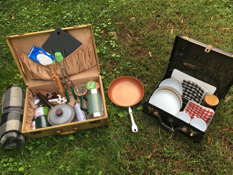 Organized RV rental picnic kit: Two open cases on grass reveal camping essentials, cooking ware, & dining sets for outdoor meals.