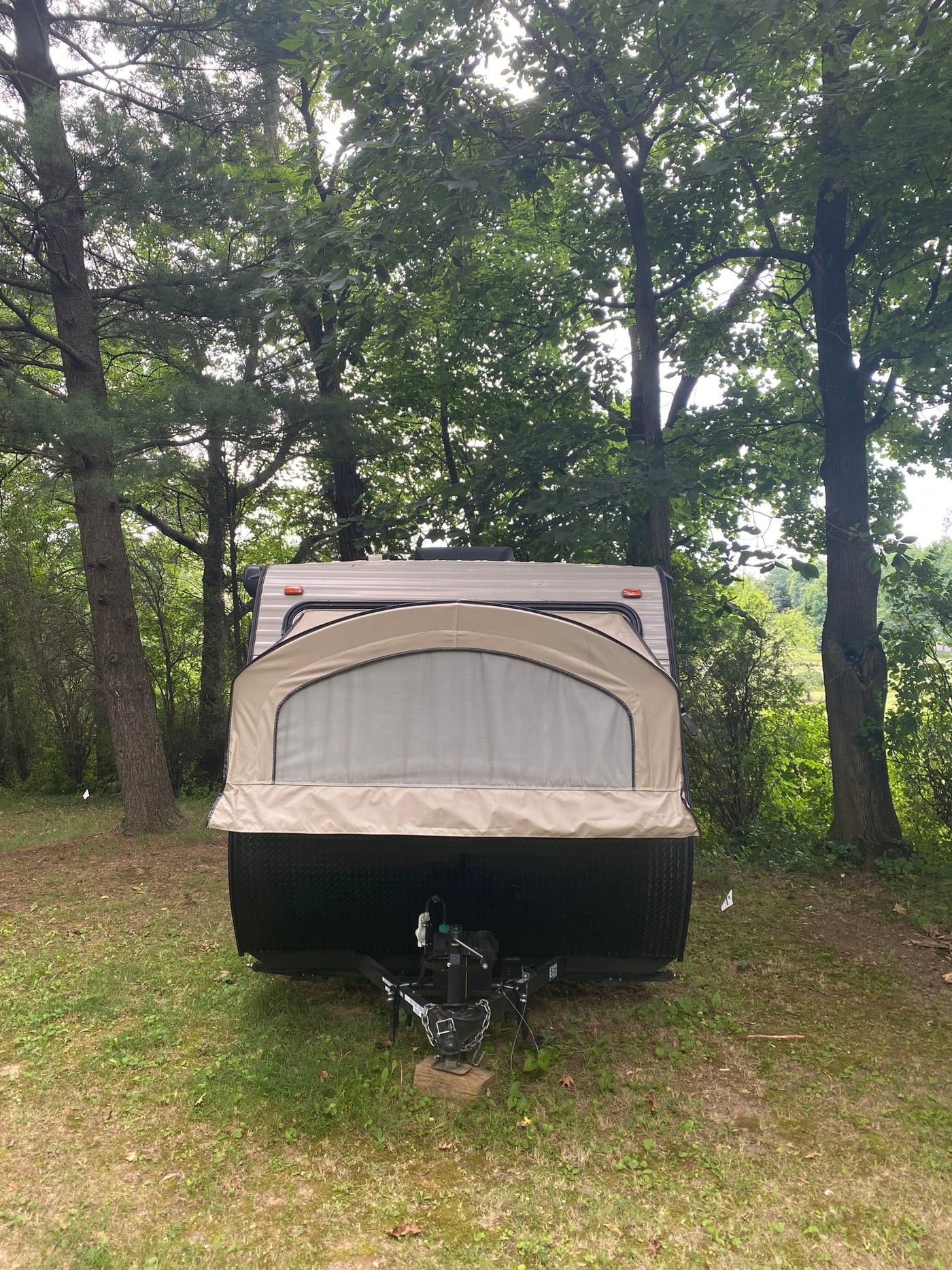 Front view of an RV rental: a beige pop-up camper parked on grass surrounded by lush green trees at a campsite. — photo 10