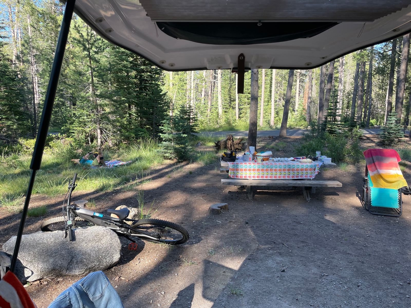 RV rental view: A serene forest campsite with picnic table, bike, and person relaxing on a blanket.