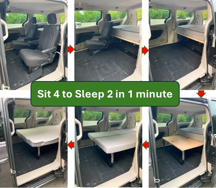  & linens for beach camping.|This DIY minivan camper conversion features a comfy bed platform over storage