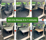  & linens for beach camping.|This DIY minivan camper conversion features a comfy bed platform over storage