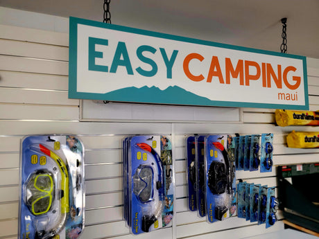 Snorkeling gear & firelogs at "EASY CAMPING maui" store, perfect for your RV rental adventure on the island.