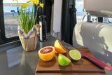 Enjoy fresh citrus, daffodils, and a pop-up outlet in your RV rental kitchen overlooking a lakeside campsite.