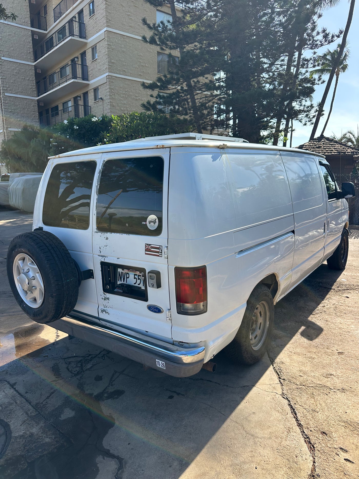 Weathered white Ford van, potentially an RV rental, parked outdoors. Features rear-mounted spare tire and Hawaii license plate. — photo 14