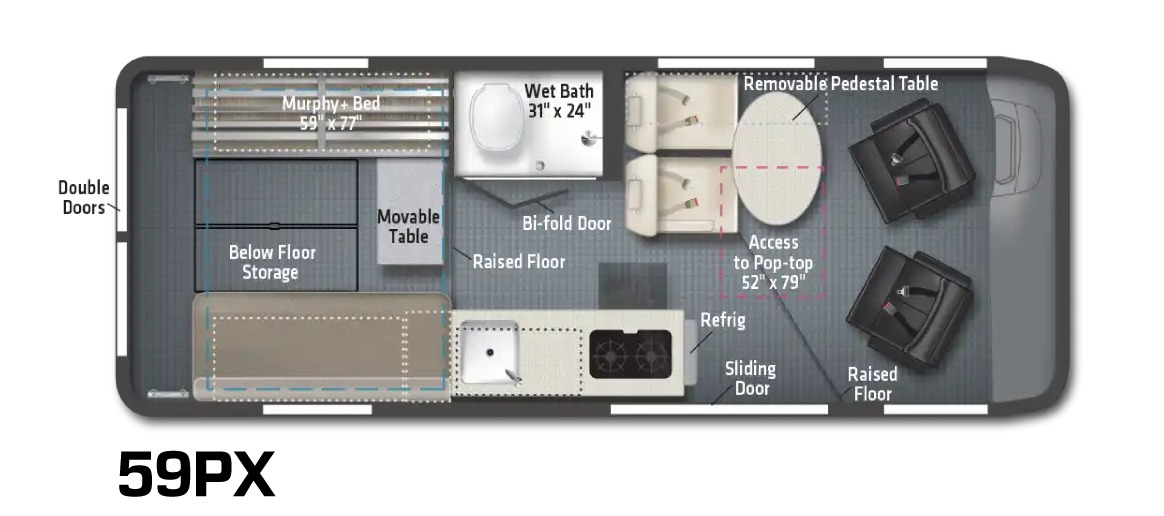 RV rental floor plan showing a compact interior layout with a Murphy bed, wet bath, kitchen, and flexible seating areas.