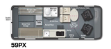 RV rental floor plan showing a compact interior layout with a Murphy bed, wet bath, kitchen, and flexible seating areas.