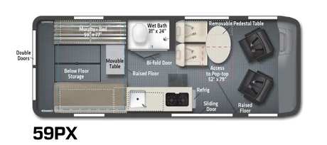 RV rental floor plan showing a compact interior layout with a Murphy bed, wet bath, kitchen, and flexible seating areas.