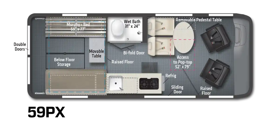 RV rental floor plan showing a compact interior layout with a Murphy bed, wet bath, kitchen, and flexible seating areas.