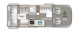 RV rental floor plan: sofa bed, kitchen, shower, removable tables, and front swivel chairs.
