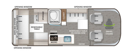 RV rental floor plan: sofa bed, kitchen, shower, removable tables, and front swivel chairs.