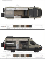 Detailed blueprint of a Mercedes Sprinter van conversion for RV rental, showcasing interior layout, platform bed, and custom features.