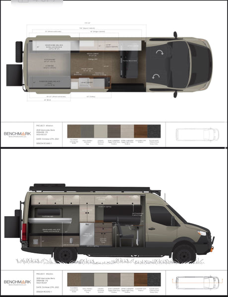 Detailed blueprint of a Mercedes Sprinter van conversion for RV rental, showcasing interior layout, platform bed, and custom features.