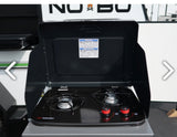 This open, black two-burner outdoor stove, ideal for an RV rental, features red control knobs and is ready for camp cooking.