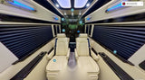 Explore this luxury RV rental's sophisticated interior with plush captain's chairs, ambient lighting, and modern finishes for ultimate comfort.