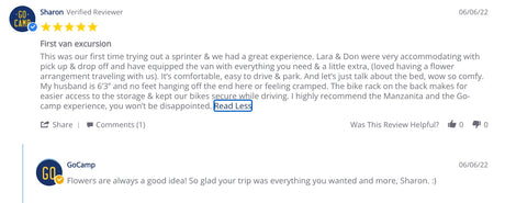 GoCamp RV rental: Sharon's positive review of her van excursion highlights comfort, followed by GoCamp's reply.
