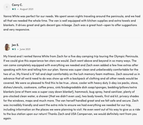 Positive customer reviews for an RV rental camper van service, praising the host and equipped van for camping trips.