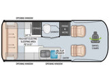 RV rental floor plan: compact camper van layout featuring swivel chairs, kitchen, shower, fold-out bed (70"x72"), storage & windows.