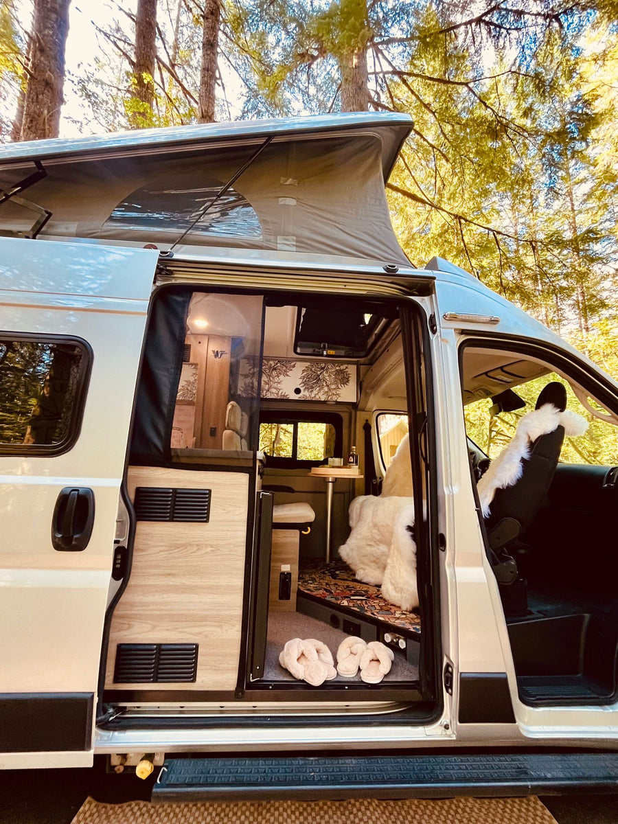 Spacious rv rental camper van with open door, showing cozy interior, pop-top roof, and comfy slippers. Ideal for a nature retreat.