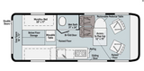 This RV rental floor plan details a camper van's interior: bed, wet bath, kitchen, dining, and gear space.