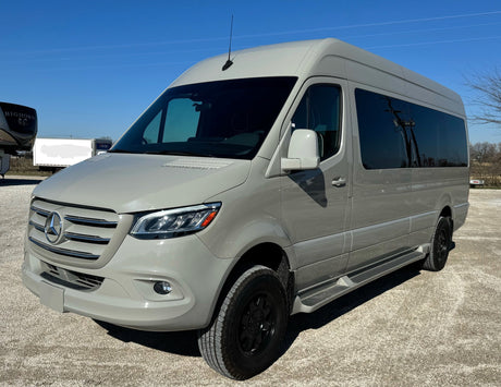 This modern gray Mercedes-Benz Sprinter van, equipped for travel, is an excellent choice for your next RV rental.