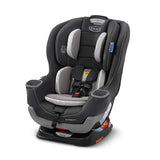 This dark grey Graco Extend2Fit convertible car seat provides child safety. Ideal for travel or an RV rental adventure, with cup holders.