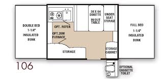 RV rental: Pop-up camper Model 106 floor plan. Features double/full beds, dinette, kitchen, storage, and optional toilet. — photo 2