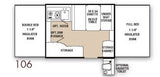RV rental: Pop-up camper Model 106 floor plan. Features double/full beds, dinette, kitchen, storage, and optional toilet.