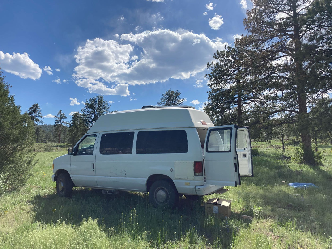 White camper van with open rear doors in a sunny, grassy field, perfect for your next RV rental. Trees and clouds visible.