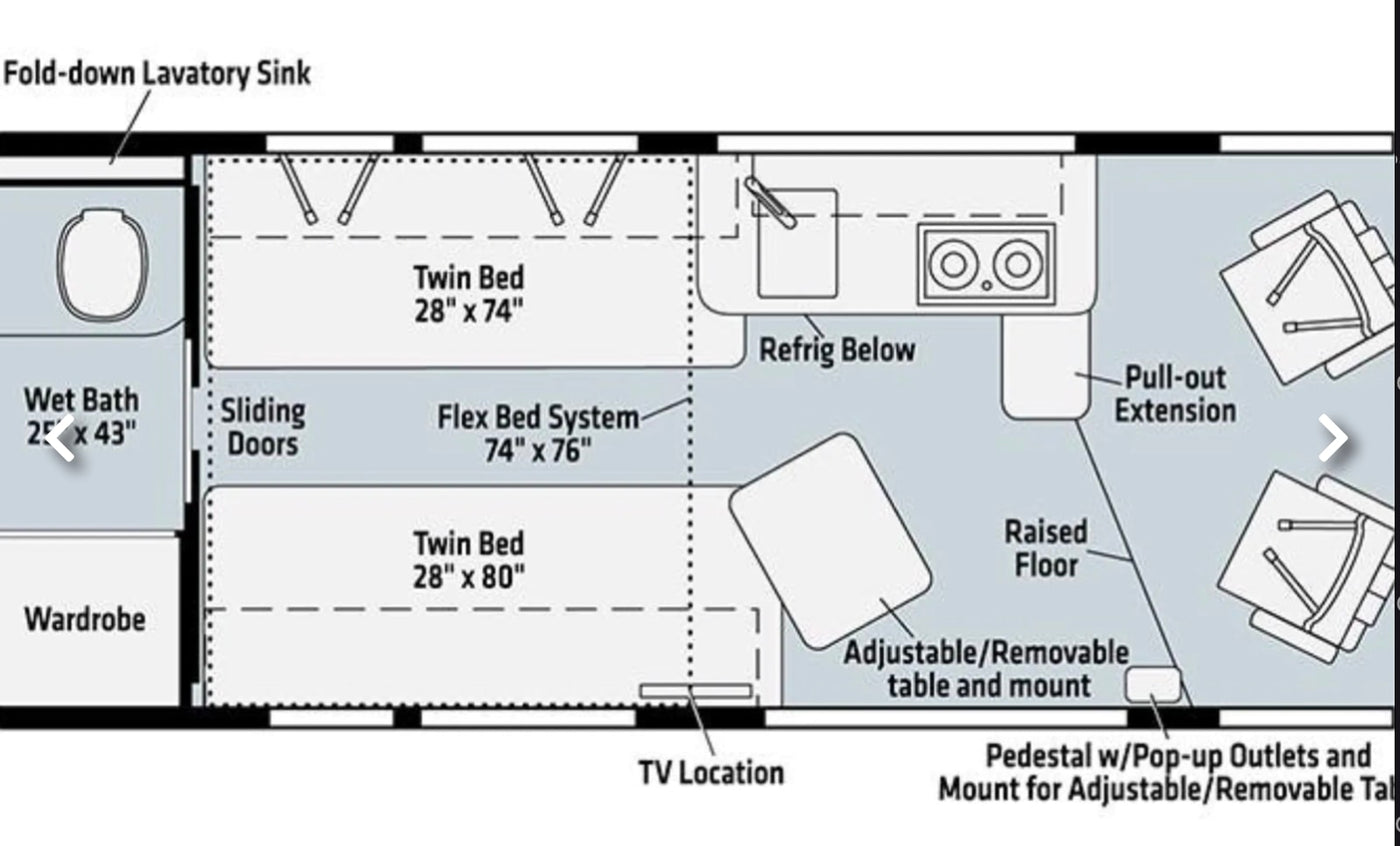  and TV. A well-equipped camper van for your travels.|RV rental floor plan showing twin beds — photo 7