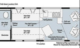 RV rental floor plan showing twin beds, flex bed system, wet bath, kitchen, and convertible living area.