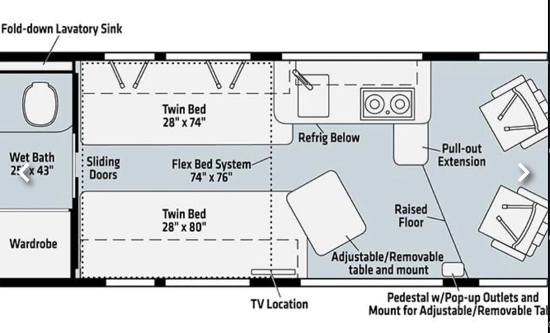  and TV. A well-equipped camper van for your travels.|RV rental floor plan showing twin beds — photo 7