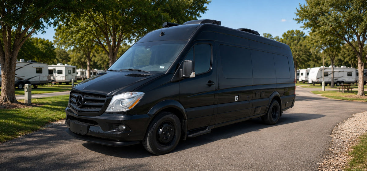  parked in a sunny campground with other RVs visible.|Luxury rv rental interior: wood floors — photo 2