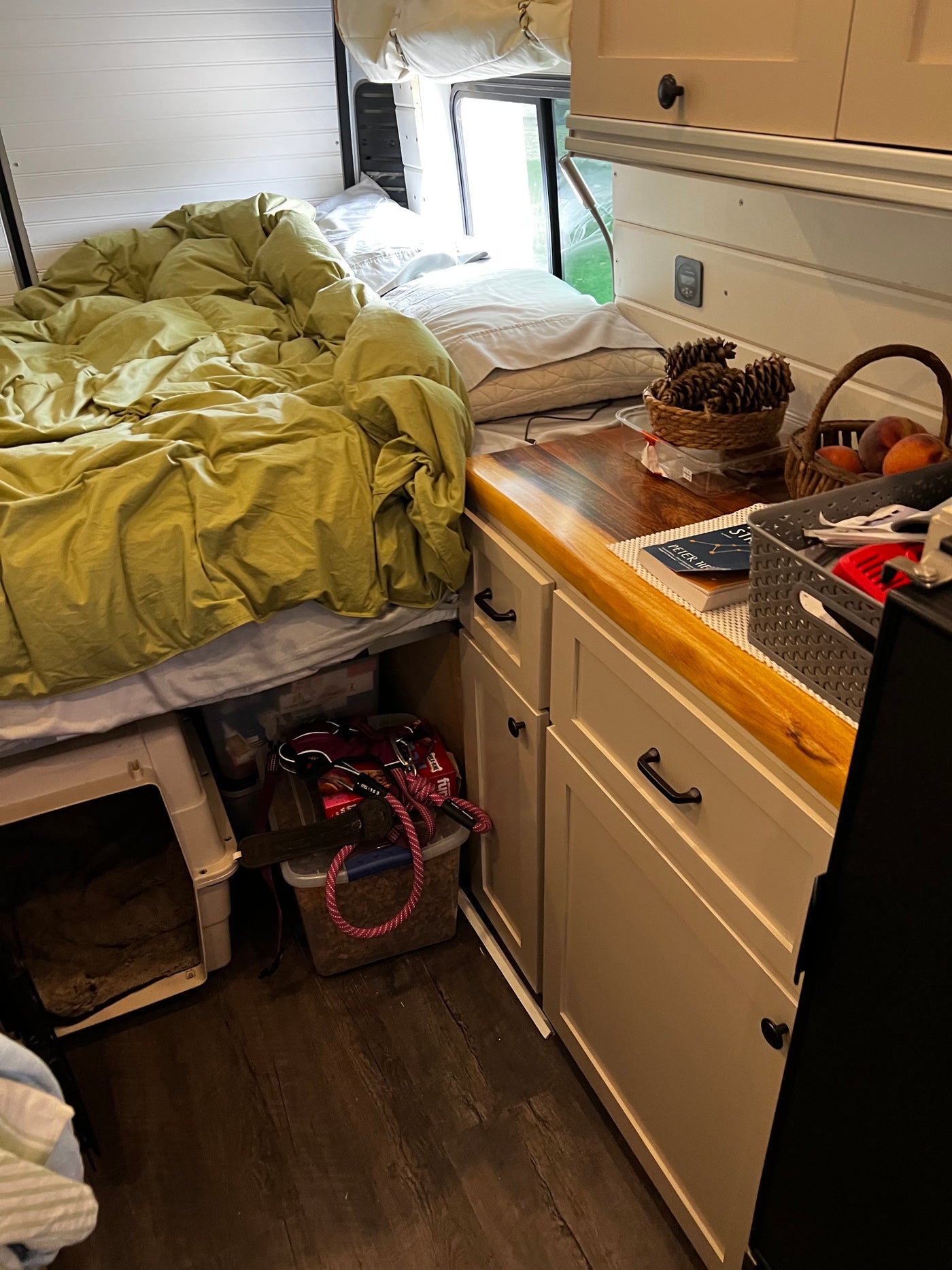 Cozy RV rental interior: bed with green duvet, compact kitchen with fruits, and efficient under-bed pet storage. — photo 11