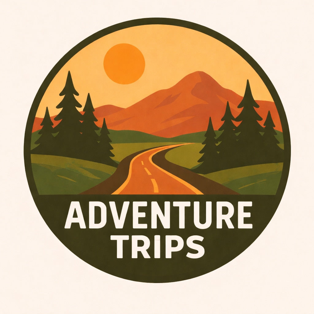 Scenic "Adventure Trips" logo: mountains, pines, sun, and a winding road. Plan your rv rental journey into nature's beauty.