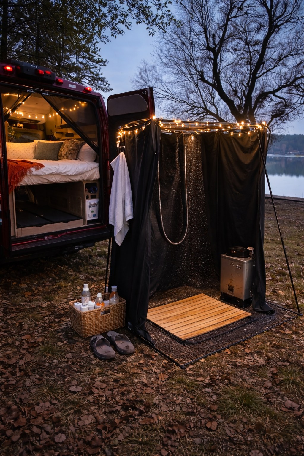 This RV rental offers ultimate comfort: a cozy camper van bed & a lit outdoor shower setup with toiletries, slippers, and lake views.