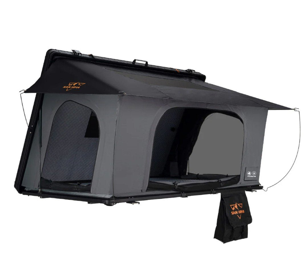 San Hima Hotham side-opening aluminum hardshell rooftop tent, deployed — photo 1